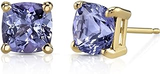 Peora Solid 14K Yellow Gold Tanzanite Stud Earrings for Women, Genuine Gemstone Solitaire, AAA Grade Cushion Cut 6mm, 2 Carats total, Friction Back