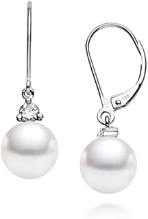 Diamond & Akoya Pearl Dangle Earrings with Lever Back in 18K White Gold - PremiumPearl Collection