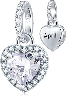 Chawin Sterling Silver Heart Dangle Charm Bracelet with Sparkling Crystal Diamond, Birthstone Charms for Women / Wife / Mother / Sister, Birthday Gifts Compatible with Pandora Necklace