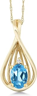 Swiss Blue Topaz & White Diamond Pendant Necklace by Gem Stone King - Delicate 10K Yellow Gold Teardrop with Rope Chain, Spring Ring Clasp - Elegant, Timeless Design (6x4mm, 0.50Cttw, November Birthstone)