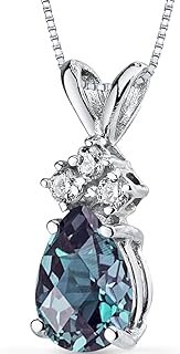 14K White Gold Alexandrite Pendant Necklace with Genuine Diamonds, Color-Changing Pear-Shaped Design for Women, Secured with Spring Ring Clasp