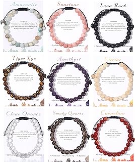 Semi-Precious Onyx Bead Chain Bracelets, 8mm Adjustable Round for Men and Women - Stylish 9pcs Set of Healing WAINIS Crystal Gemstones Bracelets
