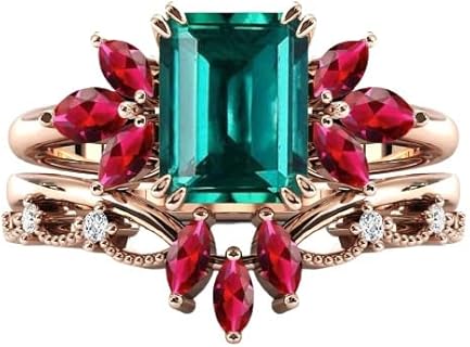 Antique Emerald Engagement Ring Set For Women 1 CT Art Deco Emerald Cluster Wedding Ring Set Red Ruby Gemstone Ring Set Emerald 2 Piece Bridal Ring Set Anniversary/Promise Ring Set