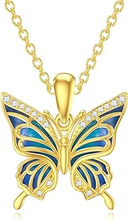14k Yellow Gold Butterfly Pendant Necklace with Rolo Chain and Box Clasp, Adorned with Cubic Zirconia Gem, Perfect Gift for Women, Mothers, with Enchanting Flying Butterfly Design