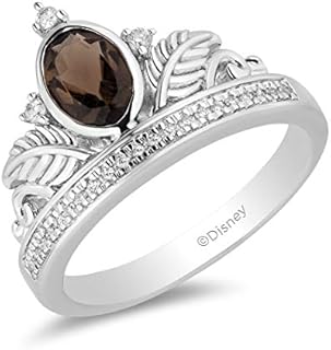 Jewelili Enchanted Disney Fine Jewelry Sterling Silver 1/10 Cttw Diamond and Smokey Quartz Pocahontas Feather Tiara Ring