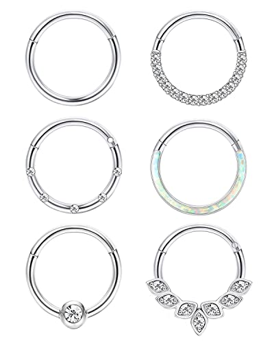 6Pcs 16G 18G Septum Rings Surgical Steel Nose Rings Hoop for Women Opal CZ Daith Cartilage Hoop Earring Clicker Septum Jewelry Hinged Hoop Nose Ring Lip Helix Rook Tragus Piercing Jewelry