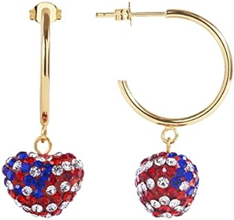 Sterling Silver Post Love Heart Crystal Pave Drop Earrings for Women Red White And Blue American flag Earring Shiny Elements Jewelry Gift