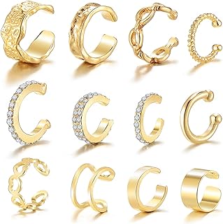 IFKM 12-Piece Stylish Clip-On Cuff Earrings with Cubic Zirconia for Women, Non-Piercing 14K Gold and Silver Ear Cuffs in Zinc, Fake Cartilage Earrings Set