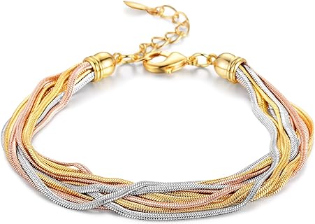Mikimini Women's Sterling Silver Cord Chain Bracelet - Eclectic Metallic Fusion of Gold and Silver Beads
