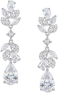 Push Back Long Drop Silver Earrings with Cubic Zirconia for Women - Dangle Teardrop Design - SWEETV Bridal & Prom Jewelry