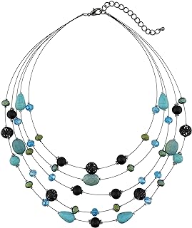 Coiris 5Layer Multi Color Beaded Illusion Wire Collar Statement Necklace with Earrings for Women