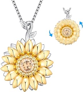 Golden Rotatable Sunshine Sunflower Pendant Necklace for Women Girls, S925 Sterling Silver You Are My Sunshine Jewelry with 5A Cubic Zirconia