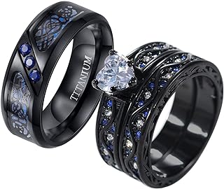 Ringheart Black Titanium Wedding Ring Sets - His & Hers, Blue Cubic Zirconia Stones, Heart and Band Design, Versatile and Durable