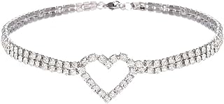 JAKAWIN Women's Dazzling Rhinestone Heart Choker Necklace with Robust Alloy Cable Chain in Silver