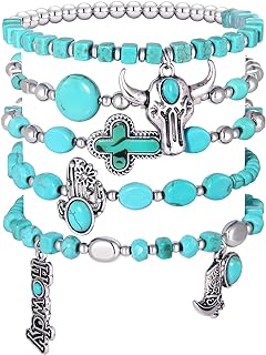 BVGA Western Cowgirl Turquoise Beaded Stretch Bracelets Preppy Heishi Bracelets Set  Aztec Turquoise Bull Head Cow Cactus Flower Charm Bohemian Stackable Bracelets Y2K Summer Beach Layering Bracelets Jewelry for Women Girls Teens