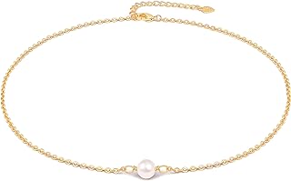 Single Cultured Pearl Choker 18K Gold Chain White Bead Necklace Layering Minimalist Jewelry for Women 15’’