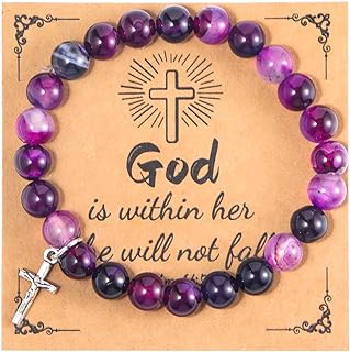 Christian Gifts for Women Men, Healing Natural Stone Cross Beads Stretch Bracelet Religious Catholic Gifts Pink Zebra Bracelet for Women Men Teen Girls, Birthday Gifts,Easter Jewelry Gifts