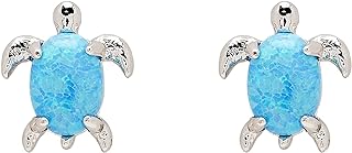 Pura Vida Rose Gold or Silver-Plated Opal Sea Turtle Stud Earrings - White or Blue Stone, Sterling Silver Posts - 1 Pair