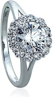 Elegant 14K White Gold Split Shank Wedding Ring with Round Cubic Zirconia Stone in Double Halo Design, Size 5-9