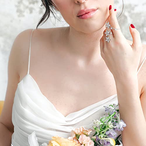 Two-Finger Statement Ring for Women, Fashion CZ Crystal Finger Adjustable Rings Cocktail Open Ring Leaf Wedding Party Prom Accessory Jewelry Gifts for Her