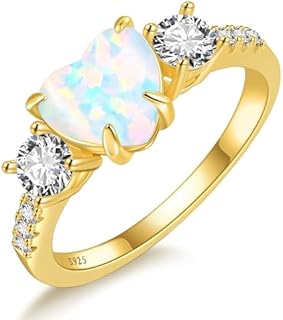 2carat Opal Engagement Rings For Women 925 Sterling Silver Heart Opal Promise Rings White/14K Gold three stone Opal Wedding Ring Anniversary Promise Ring Fit Size 5-9