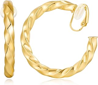 Stylish 14K Gold-Plated Large Clip-on Hoop Earrings with Non-Pierced Design for Women, Hypoallergenic Brass Material, Lightweight, Ideal Gift