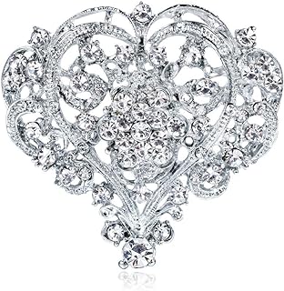 White Austrian Crystal Bridal Heart Flower Filigree Brooch Clear Silver-Tone for Women