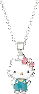 Hello Kitty Sanrio Womens Necklace 18" Official License, Silver Flash Plated Necklace with Enamel and Pink Crystal Pendant