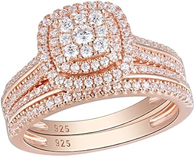 SHELOVES Women's Double Halo Cubic Zirconia Engagement Ring Set in 925 Sterling Silver and Rose Gold – Vintage Style Design, Size 5-12