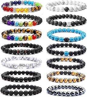 14Pcs Black Lava Stone 7 Chakra Bracelets 8mm Yinyang Rock Bead Elastic Bracelet Healing Crystals Stones Bracelets Yoga Beaded Bracelets Essential Oil Diffuser for Men Women Jewelry