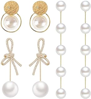 Gold-Plated Brass Dangle Pearl Drop Earrings Trio for Women, Ideal for Weddings and Proms