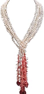Multi Strands Pearl Necklace Long Tassel 7-8mm White Baroque Pearl and Pink Coral Chips Opera Necklace 50"