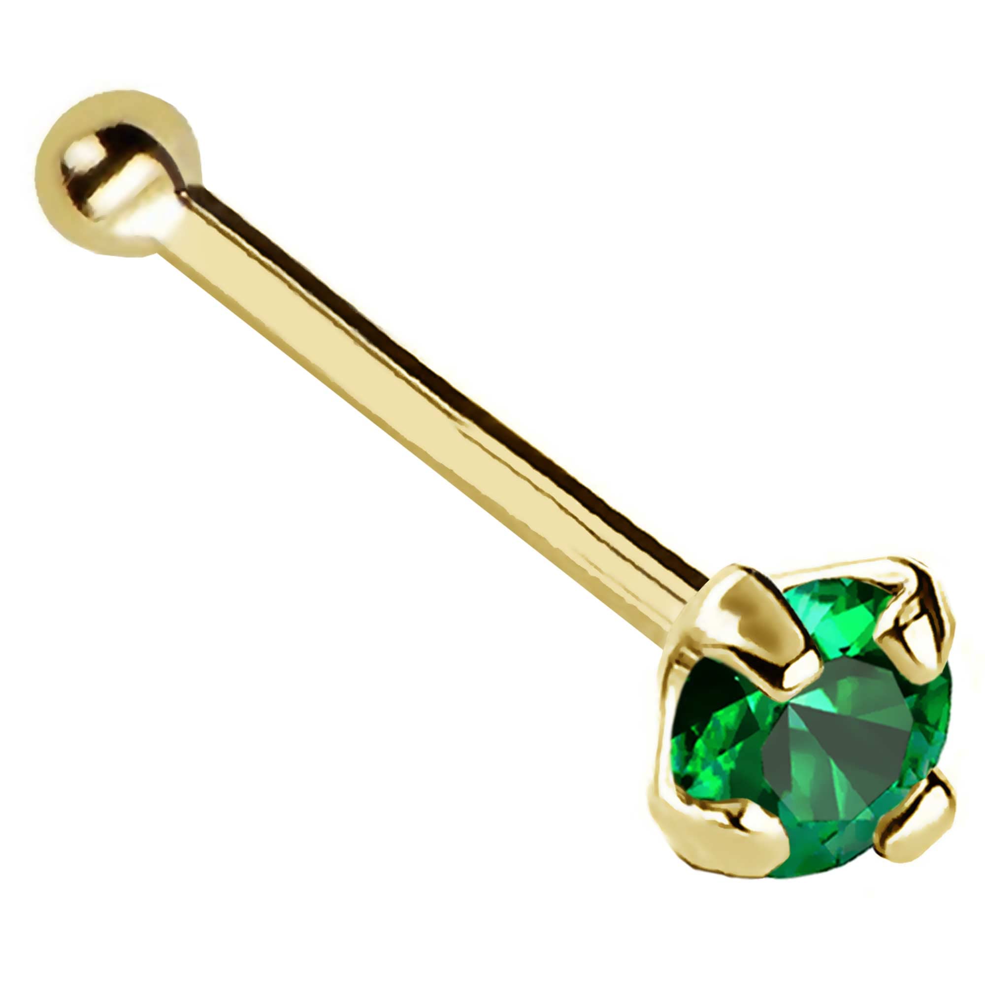 Jewelry Avalanche 22G Solid 14Kt Gold Nose Bone Stud with Prong Set real Emerald Gemstone, 14kt Yellow Gold or 14kt White Gold - May Birthstone Nose Ring