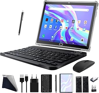 FEONAL Tablet mit Tastatur, ideal für Arbeit und Unterhaltung, 10 Zoll, Octa-Core, 4GB RAM, 64GB erweiterbar, Android 13, 6000mAh Akku, 13MP Kamera, schwarz, für Vielreisende