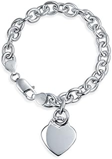 Bling Jewelry Personalized Substantial Solid Link Heart Shape Tag Charm Bracelet 7.5 8 Inch Necklace 16" For Women Teens .925 Sterling Silver Made in Italy Customizable