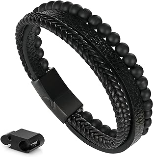 Men's Leather Bead Bracelet with Tiger Eye Lava Rock Stone & Magnetic Clasp, Multi-layer Bead Chain Cuff, Stainless Steel, Stress Relief Jewelry Gift