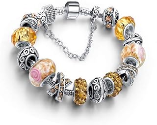Savlano Silver Tone Charm Bracelet with Crystal and Murano Glass Beads Snake Chain for Women & Girls Comes in a Gift Box