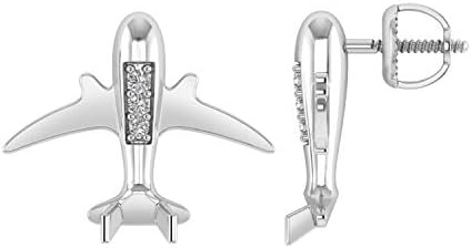 925 Sterling Silver 0.07 Carat (ctw) Round Cut Natural White Diamond Flying Airplane Stud Earrings Jewelry For Women Girls | Mimimalist, Delicate Earrings (G-H / I1-I2)