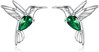 S925 Sterling Silver Hummingbird Stud Earrings Embellished with Green Cubic Zirconia - Hypoallergenic, Push Back Earring Design Ideal for Ladies and Girls