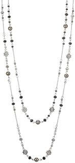 Lobster Clasp Long Crystal Necklace - Zinc Layered Women's Necklace with Black Beads & Silver Flower Accents, No Gemstones - Elegant Vintage Birthday Gift