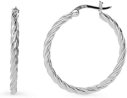 BERRICLE Women's Sterling Silver Medium Cable Hoop Earrings with Snap Back, Rhodium Plated 1.2" Diameter - Everyday Glamour Jewelry