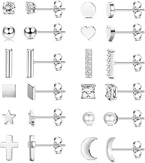LOYALLOOK 12Pairs Stainless Steel Stud Earrings for Women Men Heart Star Moon CZ Cute Tiny Cartilage Minimalist Geometric Stud Earrings Hypoallergenic Stud Earrings Set for Multiple Piercing