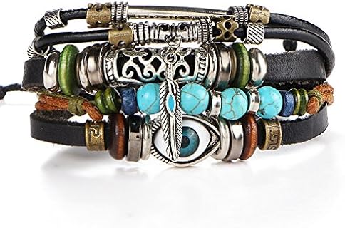 Blue Braided Leather Evil Eye Bracelet with Alloy Beads for Men and Women - Bohemian Multi-Layer Design