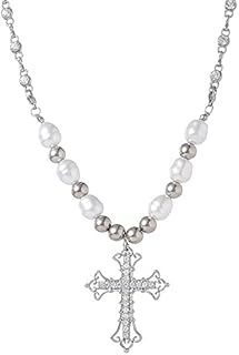 Y2k Pearl Cross Necklace First Communion Necklace Coquette Aesthetic Baddie Crystal Pearl Cross Chain Necklace Cool Punk Vintage Jeweley for Women Girls