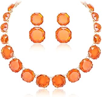 Lobster Clasp Art Deco Crystal Necklace & Earrings Set, No Gemstone, for Women & Girls - Round Bohemian Design by Flyonce Rhinestone Statement