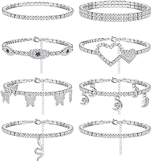 ORAZIO 8 PCS Ankle Bracelets for Women Rhinestone Anklets Silver Tennis Anklet CZ Butterfly Heart Adjustable Beach Anklets Bracelet Foot Jewelry Set for Summer