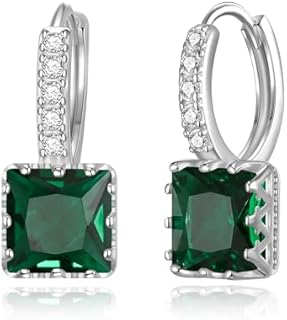 Lever-Back Princess Cut Cubic Zirconia Huggie Hoop Earrings, Silver Plated Dangle Design for Women, Stunning Emerald Design