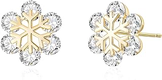 Gold-Plated-Brass Clasp, Snowflake Flower Shape Cubic Zirconia Earrings Studs for Women and Girls