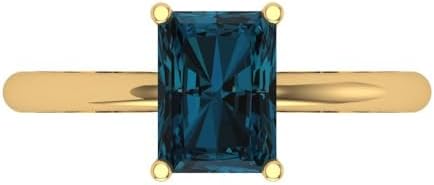 1.75 ct Radiant Cut Natural London Blue Topaz 18K Yellow Gold Solitaire Wedding Engagement Bridal Promise Ring