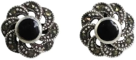 Vintage Sterling Silver Onyx Marcasite Drop Earrings Handmade in Thailand: Elegant Floral Design for the Refined Woman | Push Back Fitting | 0.4 inch Diameter 'Midnight Blooms'